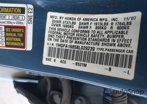 2008 Honda Civic Ex из США, поврежденный, VIN 1HGFA16858L029239